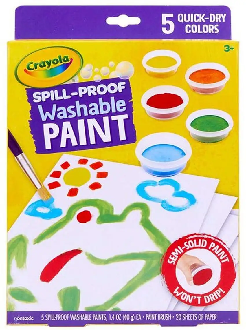 Spill Proof Washable Paint Set: 5 colors (40mg jars), brush & paper Crayola